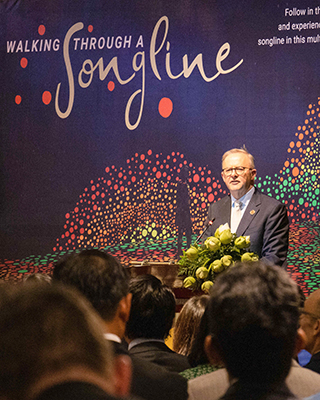 Prime Minister the Hon Anthony Albanese MP at the launch of Walking through a Songline in Phnom Penh.