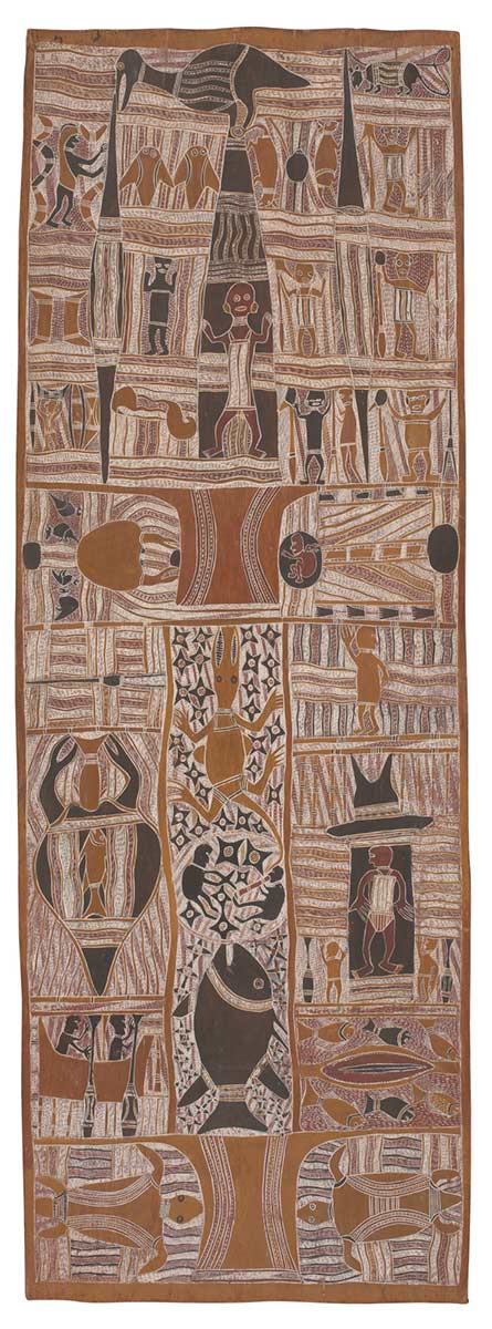 A bark painting worked with ochres on bark. The painting is divided into a number of panels with a divided central column containing human figures, a fish, a crocodile and stars, and a black bird at the top. Arranged on either side are scenes depicting various sea and land creatures and human figures. The background is decorated with wavy bands of rarrk cross-hatching on coloured dashes. - click to view larger image