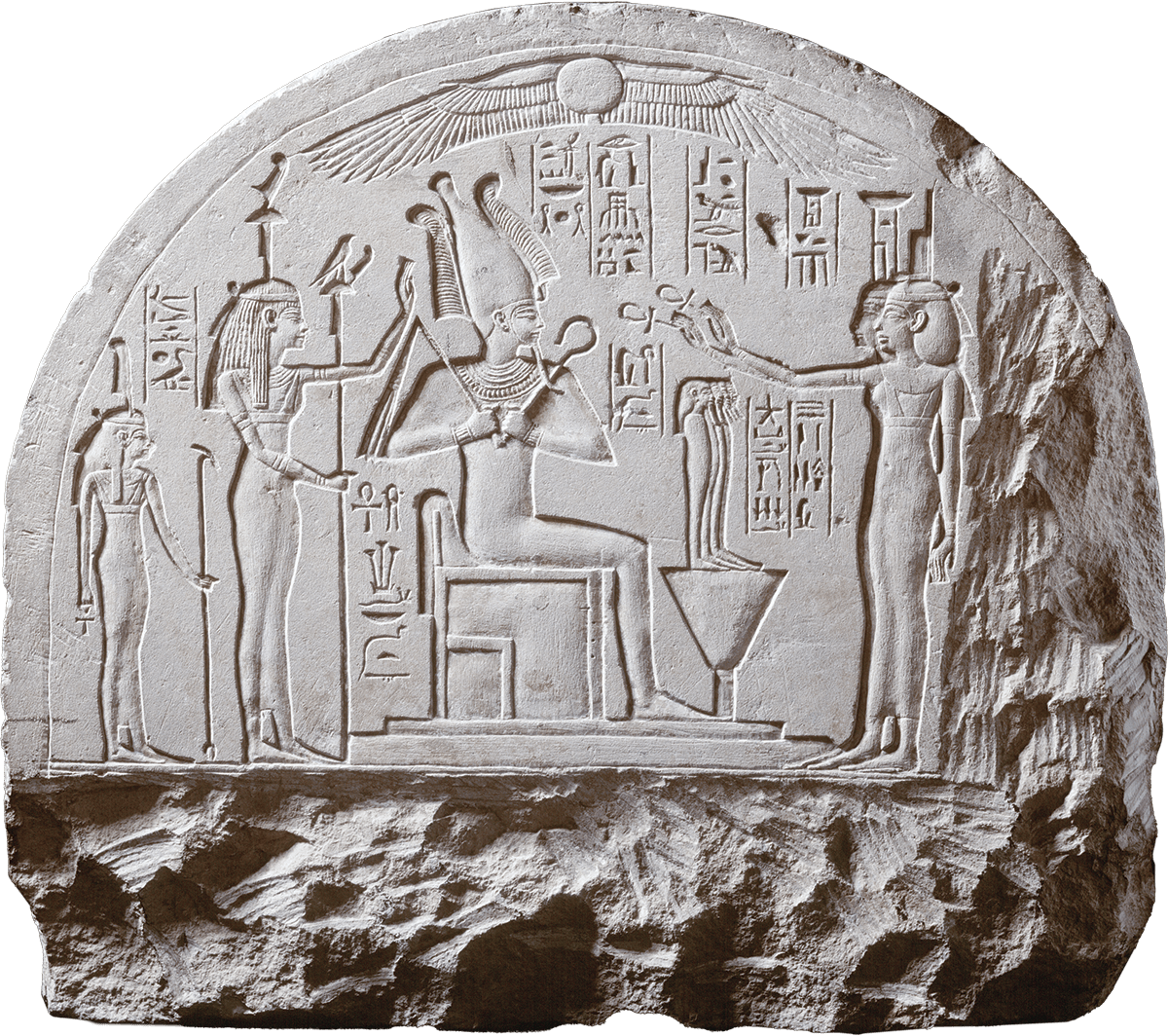 A stone grey stela carved with figures, gods, and hieroglyphs.