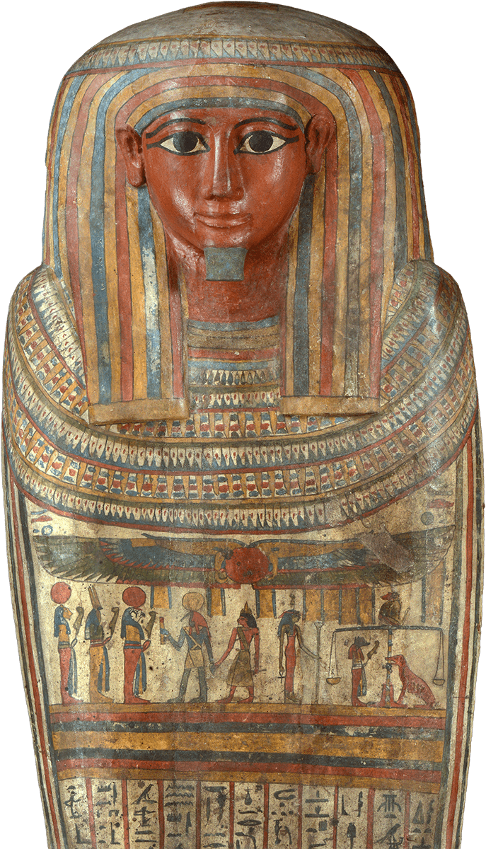 A coffin cover featuring a yellow, red and blue headdress