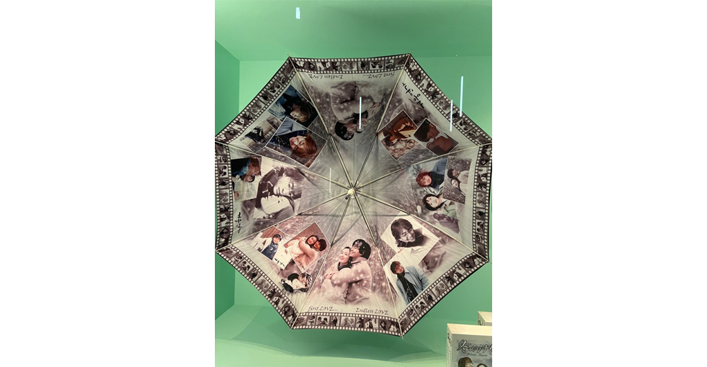 This is a standard umbrella whose interior canopy is decorated with collage-style photo prints from the 'Winter Sonata' TV series. Each of the eight segments deatures a different still image or portrait of a main character, mainly the leads Joon-sang (Bae Yong-joon) and Yoo-jin (Choi Ji-woo), in romantic embraces or emotional moments. The colour is sepia toned, with warm brown, biege, soft pink and grey hues, and overall the look is muted, wintry, romantic and melancholic.  The outer edge of the umbrella is bordered with a filmstrip motif.