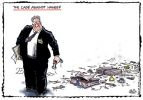 Cartoon of the Director of Public Prosecutions whose briefcase has fallen open, leaving a messy trail of papers, assorted stationery and a sock and coffee mug.