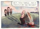 Cartoon of Peter Costello stabbing John Howard on the lawns of Parliament house and telling the three journalists looking on that 'This is strictly off the record'.