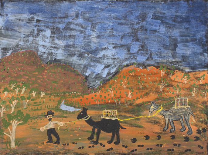 An acrylic painting on canvas showing a person leading two camels through a hilly landscape. - click to view larger image