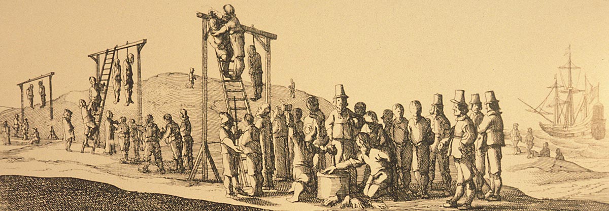 Etching showing three gibbets with bodies hanging from them. About 20 people are standing around. Some of the mutineers are being prepared for hanging. One is about to have his hand chopped off.