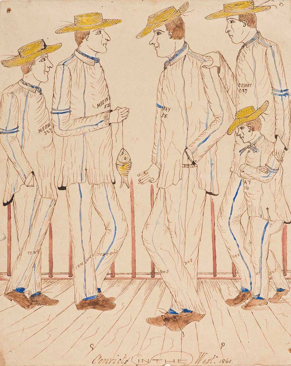 Illustration of four genteel men and a child in convict outfits, or small man, posing - click to view larger image