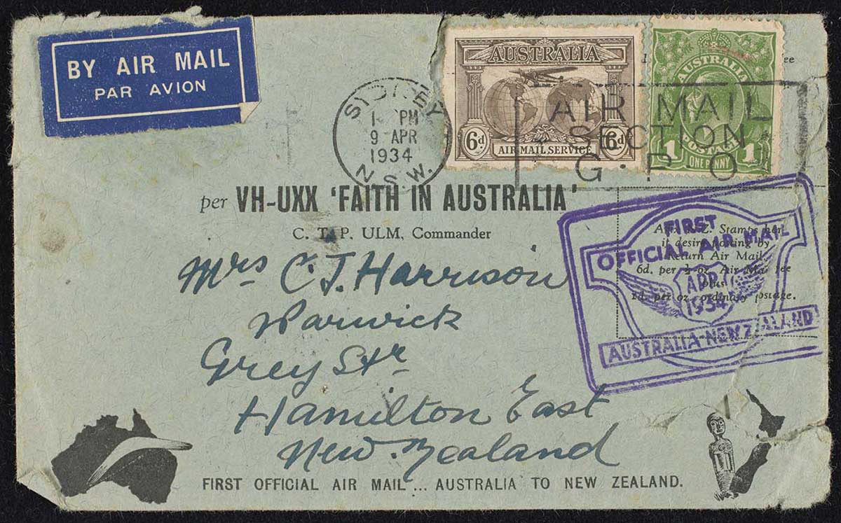 Envelope carried on first official airmail flight between Australia and New Zealand, 1934.