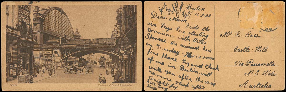 Composite of two views of a postcard. On the left is a Berlin streetscape, and on the right is a handwritten message from Ken Ross to his mother in February 1922. - click to view larger image