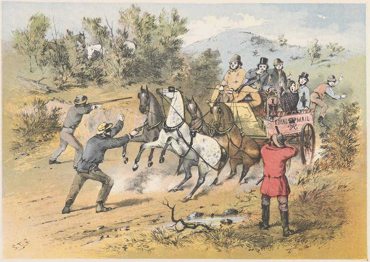 Watercolour painting of a group of bandits brandishing guns at a horse-drawn carriage with ‘ROYAL MAIL’ on its side and carrying a group of people. - click to view larger image
