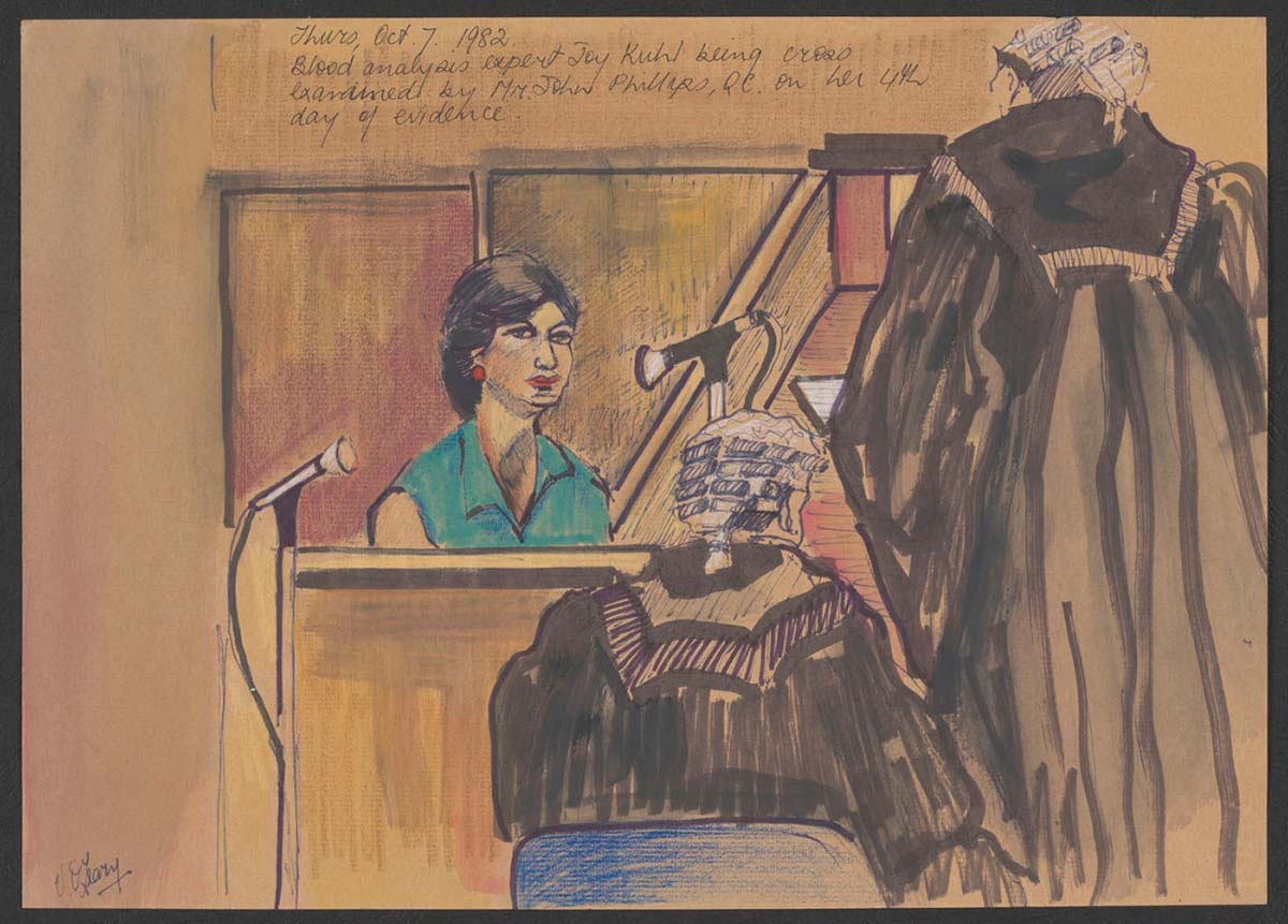 Courtroom scene showing a seated woman, wearing a sleeveless green shirt and red earrings, giving evidence. Two figures in wigs and black robes face the woman. One is seated, the other standing. - click to view larger image