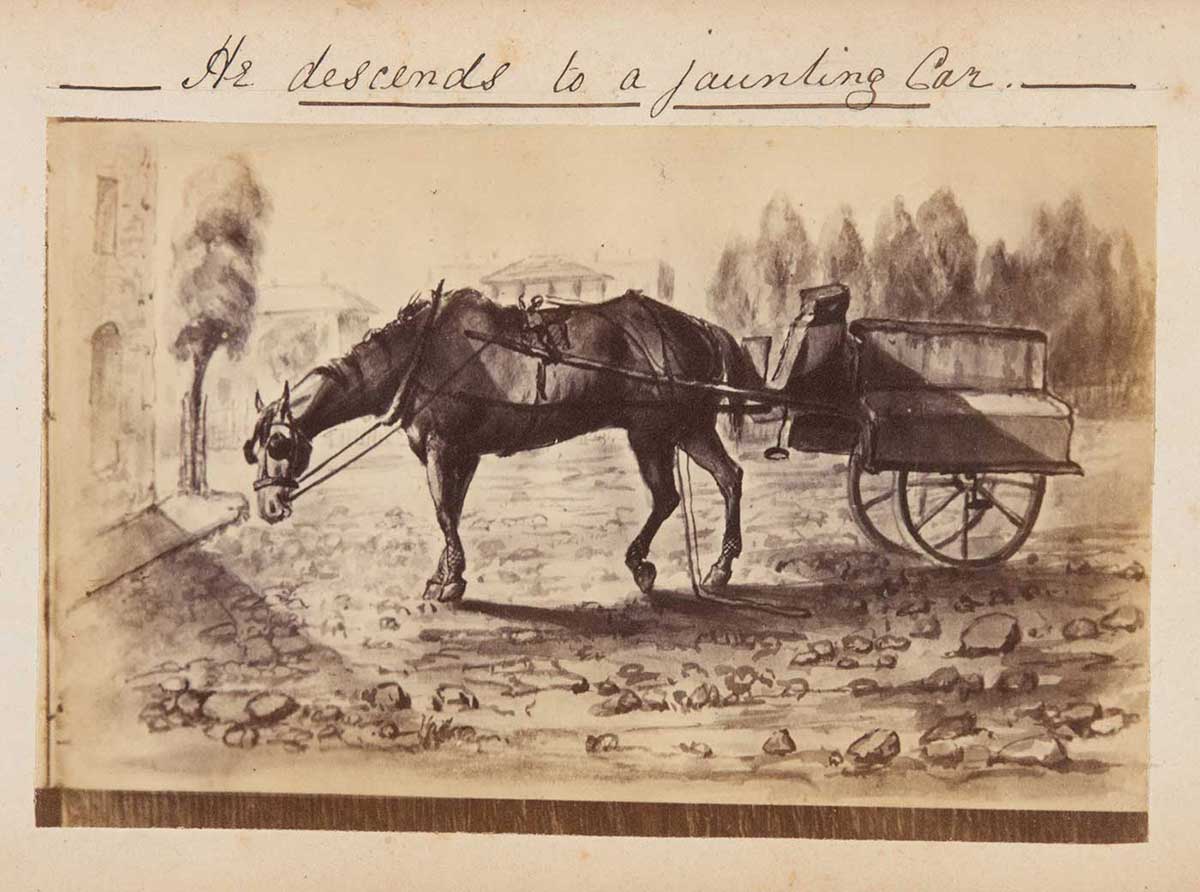Illustration of a horse that is hitched to a cart. There is text at the top that reads 'He descends to a jaunting car'. - click to view larger image
