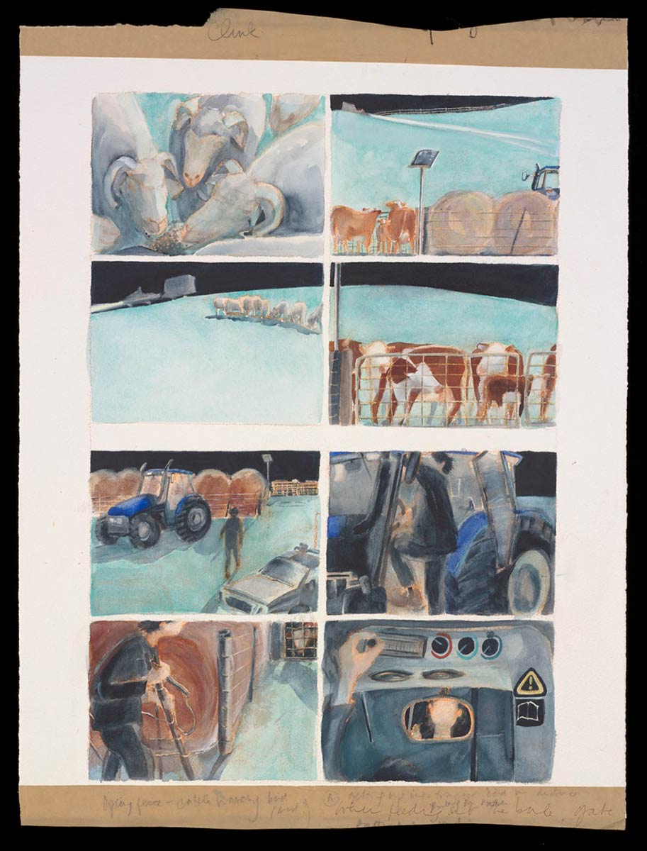 A painting, divided into eight panels, depicting sheep and cattle in a paddock, a woman fencing, and the interior and exterior of a tractor. - click to view larger image
