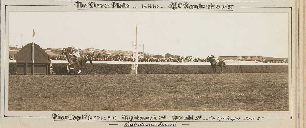 A black and white photo of Phar Lap winning the Craven Plate, 1930. - click to view larger image
