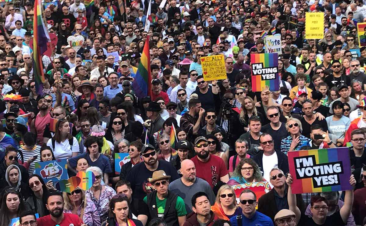 Crowd scene with people holding colourful banners saying things like ‘I’m voting yes’. - click to view larger image