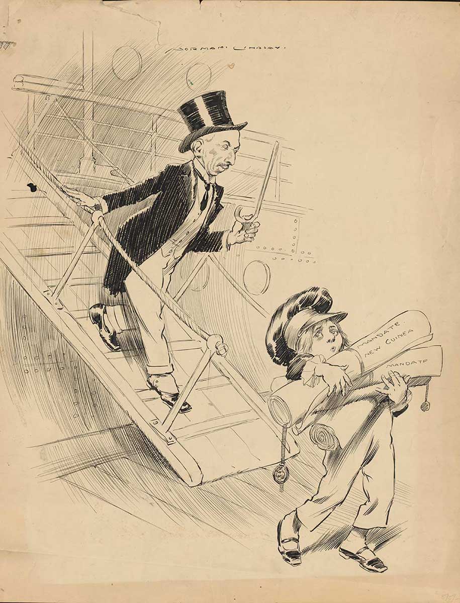 Cartoon shows Billy Hughes in top hat and tails disembarking from a ship with a young sailor carrying scrolls of paper. - click to view larger image