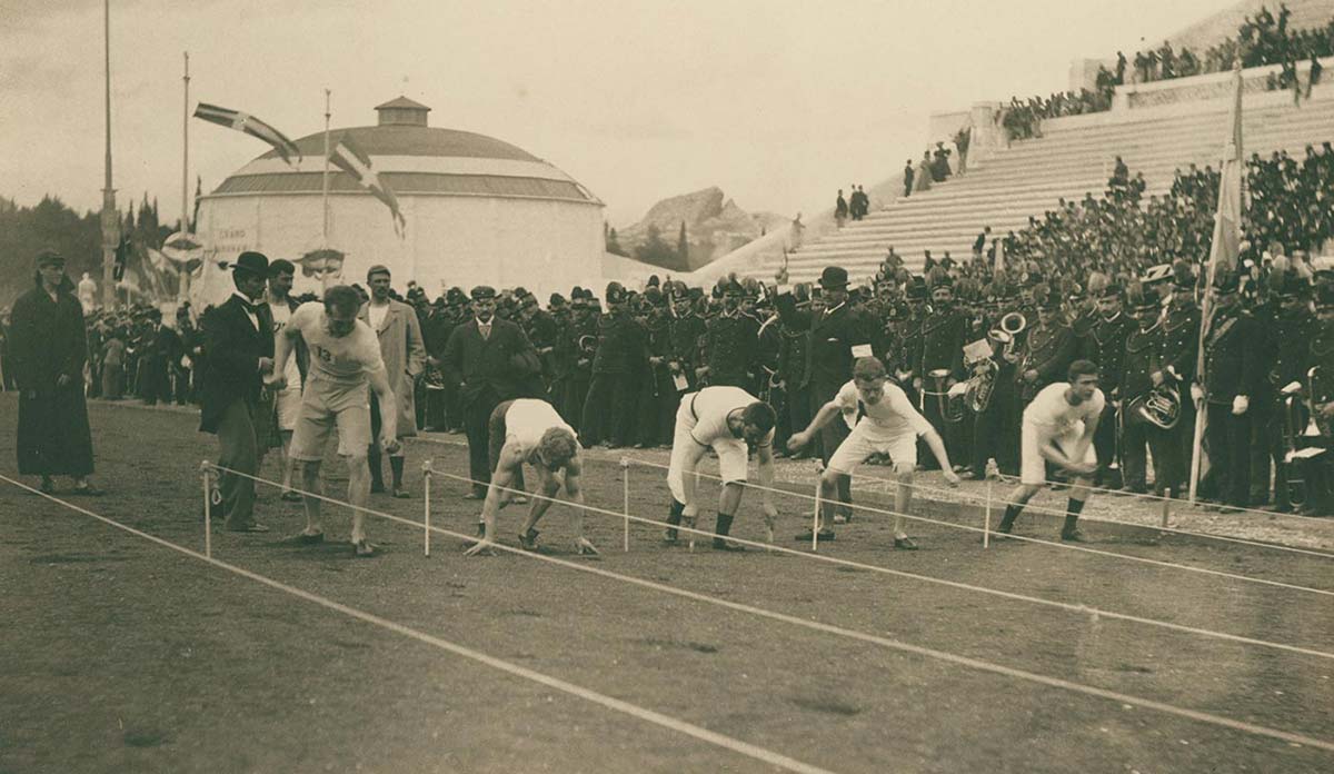 Athletes prepare for the 100 metre sprint, 1896 Olympics.