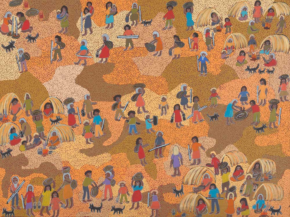 An acrylic painting on canvas showing many people, some carrying objects and some seated in shelters, and several dogs against a multi-coloured dot infill background. - click to view larger image