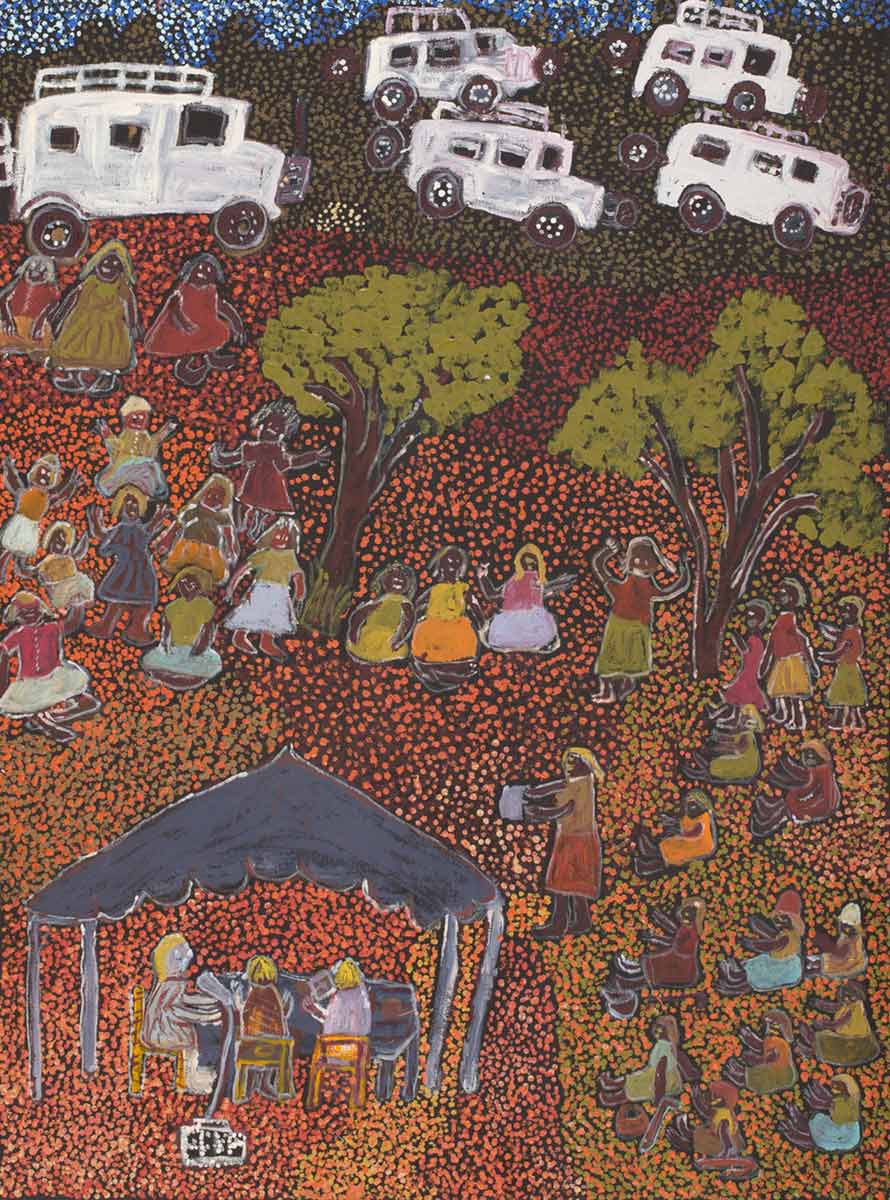 An acrylic painting on canvas showing three people sitting under a structure, with more people seated and standing around them. The background is made up of yellow, orange and brown dot infill. - click to view larger image