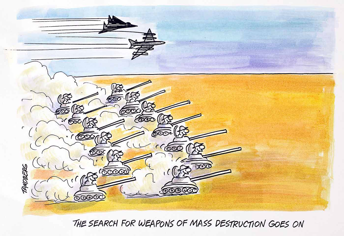 A political cartoon featuring military tanks and aircraft speeding across desert. - click to view larger image