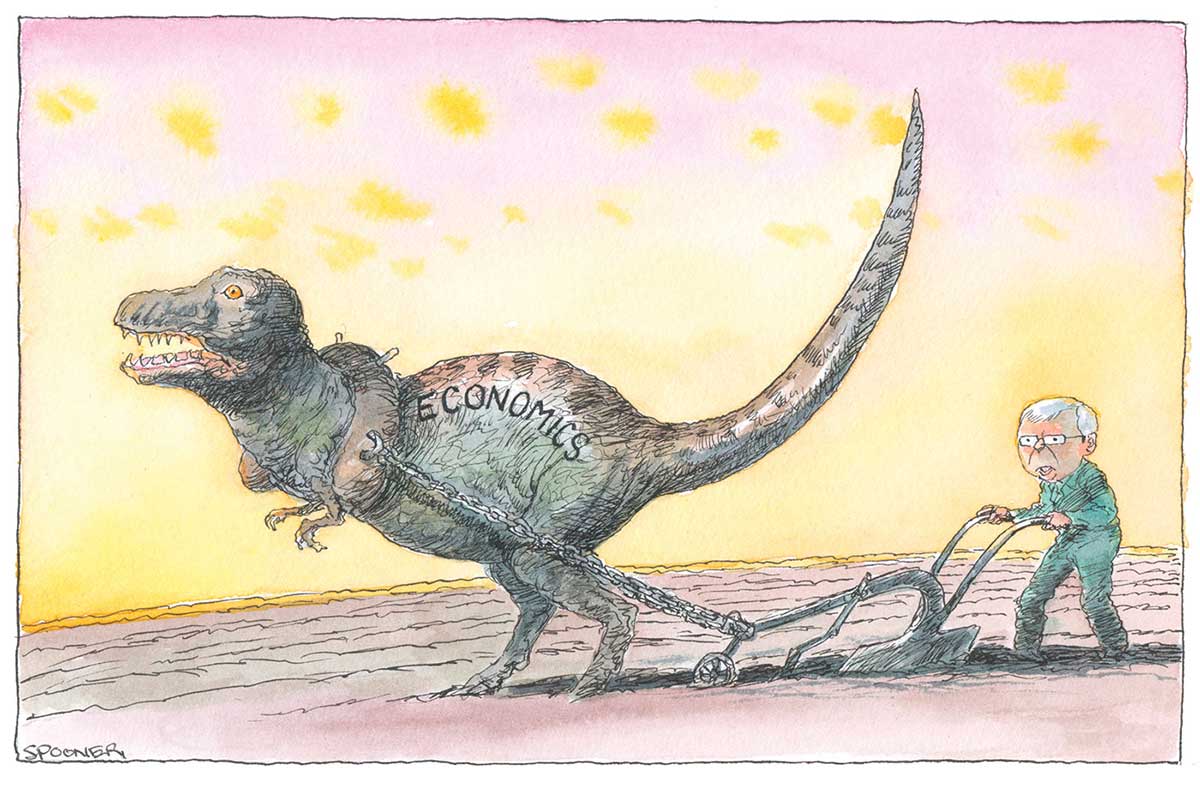 A colour cartoon depicting Kevin Rudd, dressed as a farmer, working in a paddock behind a stump-jump plough, which is attached to a dinosaur named 'Economics'. - click to view larger image