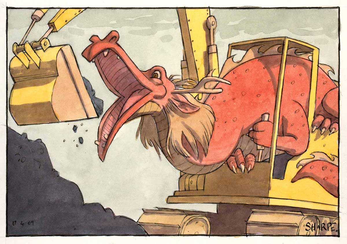 A colour cartoon depicting a large red dragon operating a large yellow mining backhoe. The dragon spills out of the cabin of the backhoe. It holds a lever in its left hand. Its head is poised just in front of the backhoe's bin, which appears to contain coal. The dragon has its mouth wide open, as though it's about to empty the contents of the bin into its mouth. A large, dark pile of what appears to be more coal is in the left corner of the cartoon. - click to view larger image