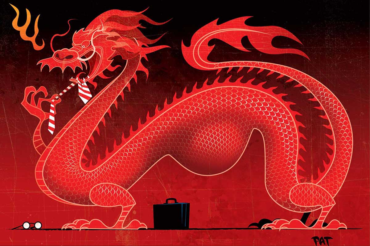 A colour illustration depicting a stylised red Chinese dragon. The dragon is seen side on, facing the left side of the image. It has a long, curved body. A briefcase and a pair of glasses can be seen on the ground under the dragon. A large lump in the dragon suggests it has just eaten a business person. The dragon appears to be flossing its teeth with a red and white striped tie. - click to view larger image