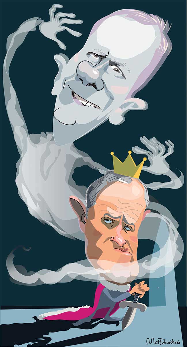 A colour cartoon depicting Malcolm Turnbull standing at the centre and wearing a bright pink regal cape with white trim. His head is proportionately huge and is topped with a small gold crown. His hands are folded on top of a sword which is positioned, point downwards, as if it were a cane or walking stick. Peter Costello is shown as a wraith swirling around Mr Turnbull, his head even larger than Mr Turnbull's and taking up proportionately more space in the frame than Mr Turnbull. His hair is violet and eyes and expression demonic. Mr Costello's hands are up beside his ears in a scary ghost gesture. - click to view larger image