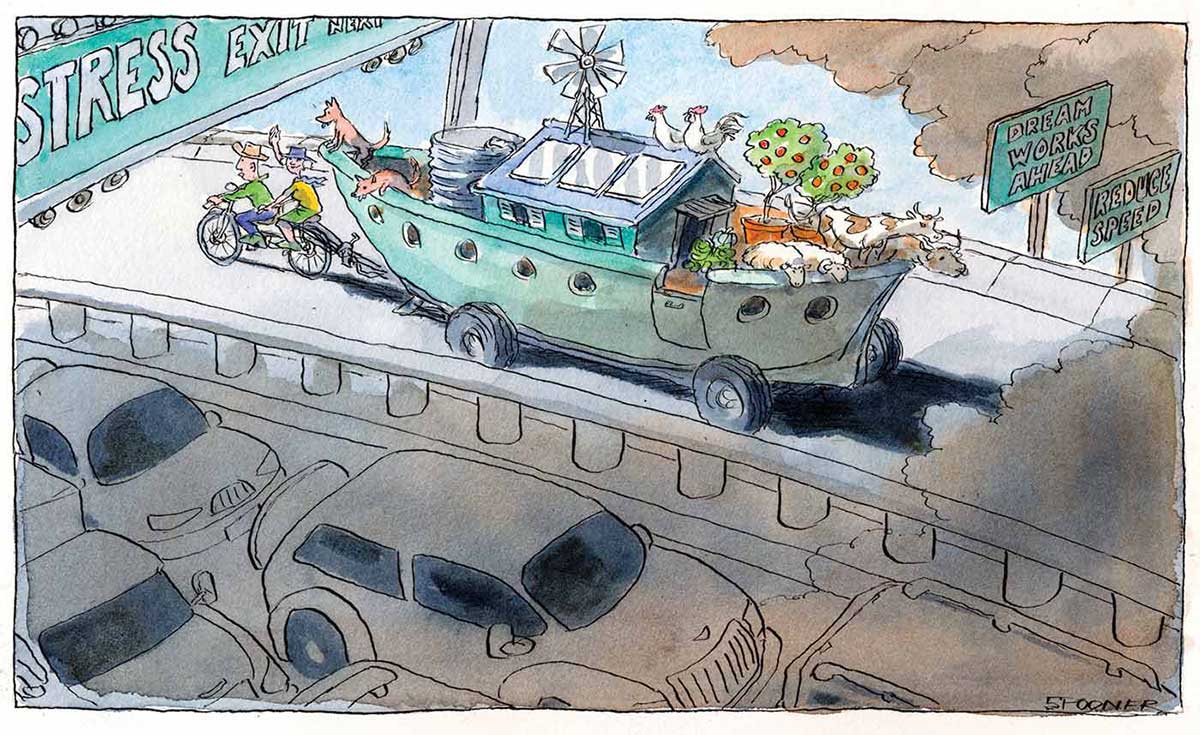 A colour cartoon depicting a congested traffic scene, with cars covered in a grey plume of smoke. Travelling in the opposite direction to the cars, and depicted in bright colour, is an ark pulled by two people riding a bicycle. The rear cyclist gives a happy wave to the cars. The ark carries a home with solar panels on the roof, a water tank and windmill, two potted fruit trees and pairs of dogs, chickens, sheep and cows. Road signs show the ark headed for 'Dream works ahead' and advise to 'Reduce speed'. A sign across the top of the highway shows them travelling the direction of the 'Stress exit'. - click to view larger image