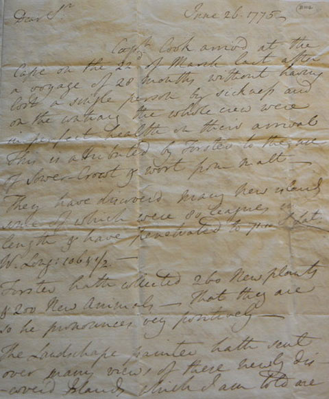 Page one of a letter from Daines Barrington to Dr Charles Blagden 26 June 1775. Royal Society of London. - click to view larger image