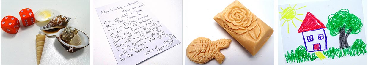 A compilation of four images featuring dice, shells, a handwritten letter, soap and a child's drawing of a house with a tree, grass and sun.