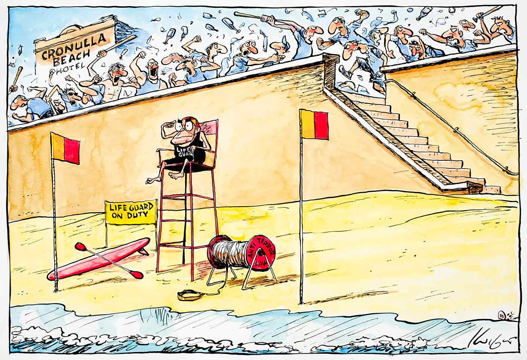 Cartoon of John Howard on Cronulla Beach as a lifeguard, monitoring the water while a large number of people are fighting and attacking each other with bottles and baseball bats behind him on the esplanade. - click to view larger image