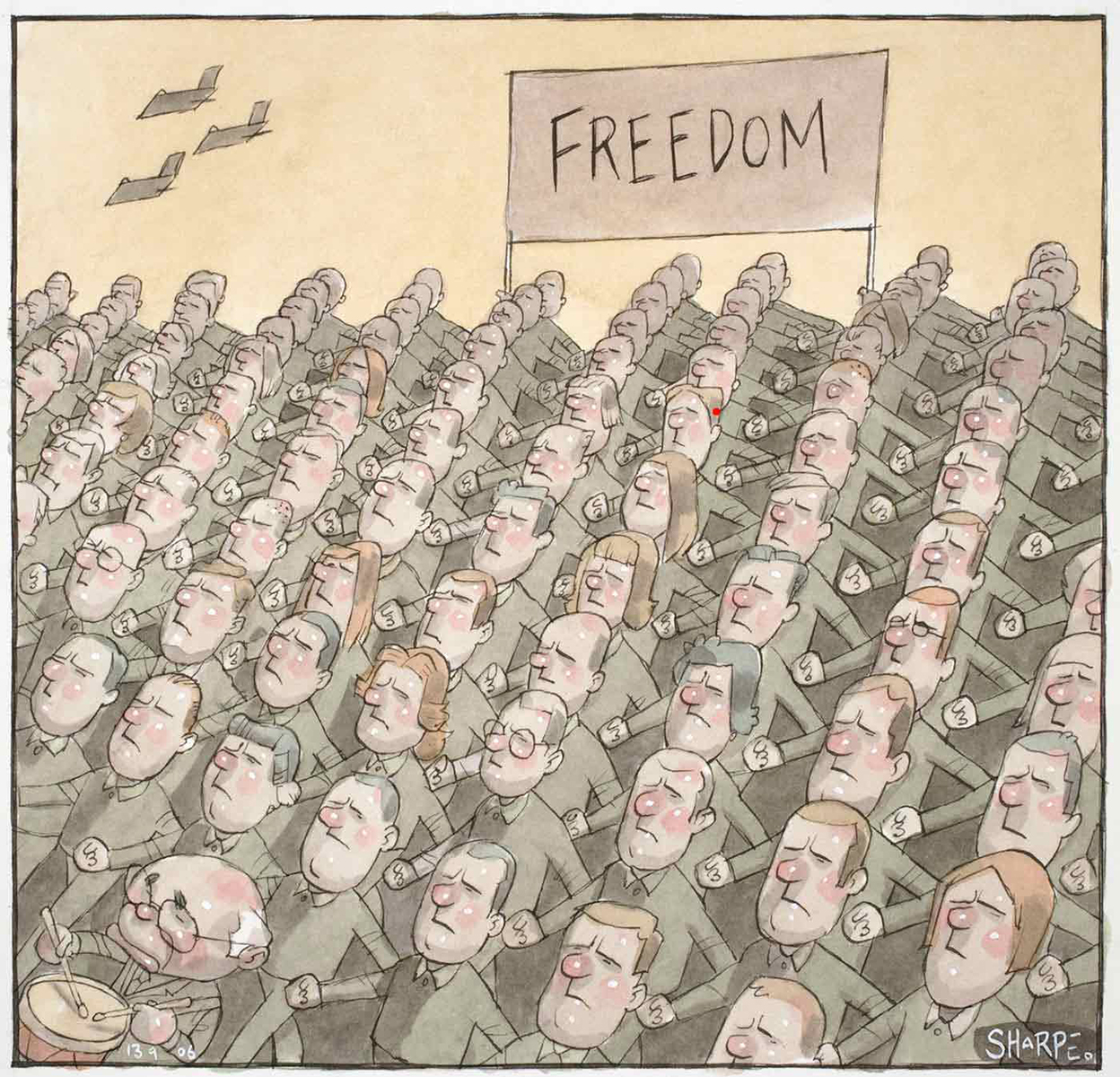 Cartoon of John Howard beating a drum with men and women all dressed the same marching in straight lines behind him - click to view larger image