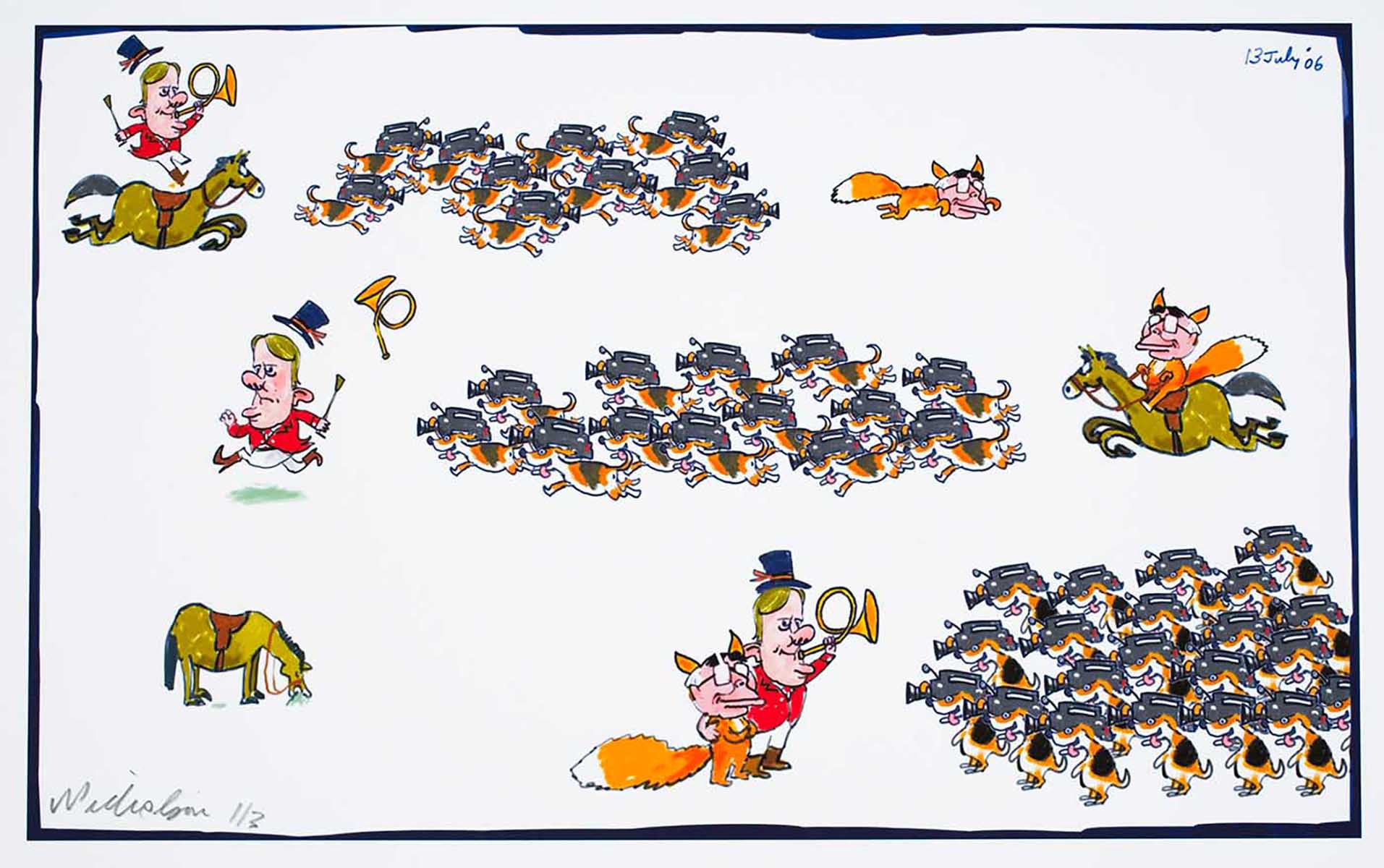 Cartoon showing a fox hunt, with Peter Costello as a rider, John Howard as the fox and the media as dogs. First Costello chases Howard, then Howard chases Costello, then at the end they are arm in arm - click to view larger image