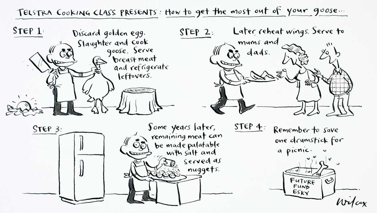 Cartoon of John Howard demonstrating how to get the most out of the goose that laid the golden egg (ie. Telstra). - click to view larger image