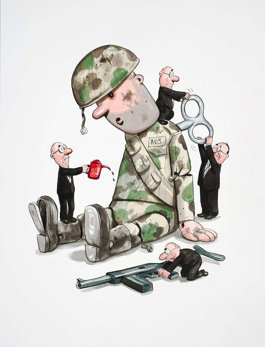Political cartoon of a large toy soldier with four little men in black suits, winding him up, oiling him and preparing his gun. - click to view larger image