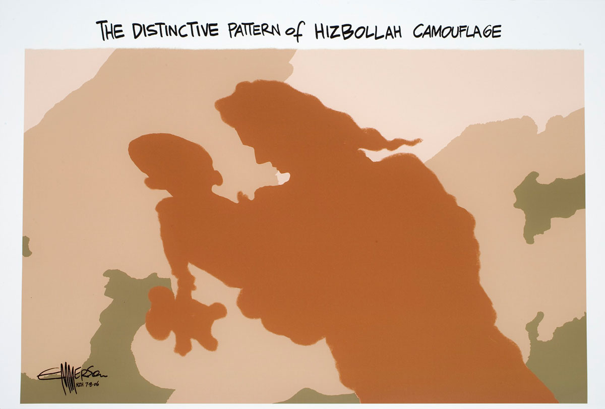 Political cartoon of army camouflage pattern showing a distinct shape of a woman holding a baby. - click to view larger image