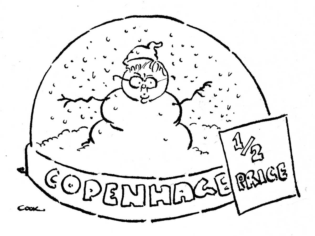 A black and white cartoon depicting a snow dome. In the dome is a snowman that resembles Kevin Rudd. Fake snow is falling around him. Around the base of the snowdome is written 'Copenhagen'. A sign leaning against the right side of the snowdome says 'half price'. - click to view larger image