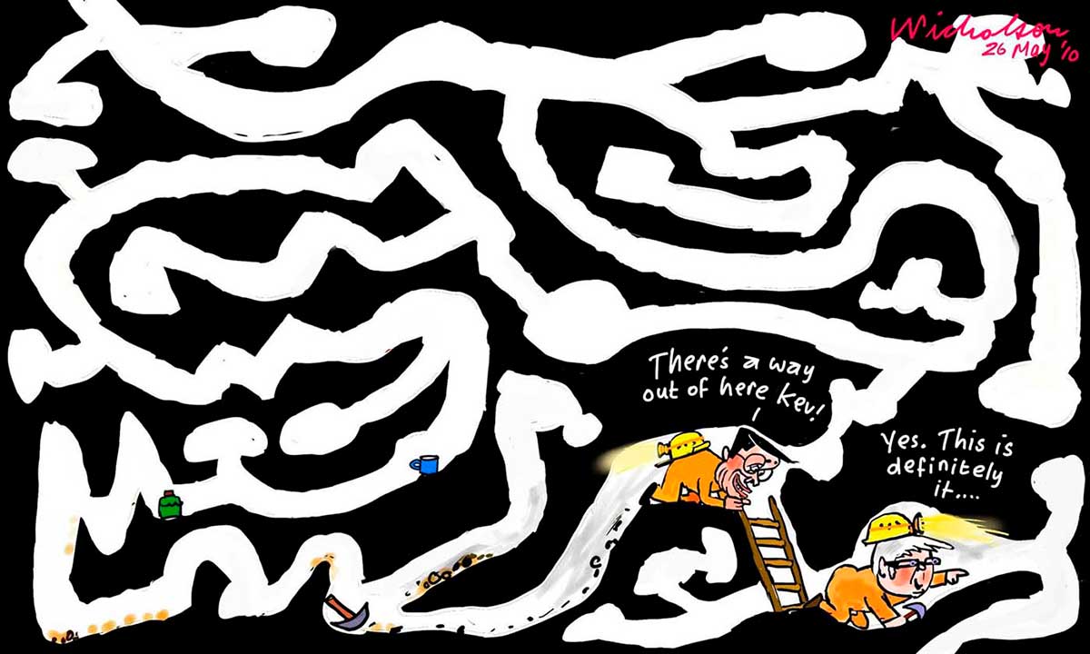A colour cartoon depicting Kevin Rudd and Wayne Swan in an underground maze of tunnels. They are both crawling toward a dead end in the bottom right of the cartoon. Rudd leads the way, while Swan is not far behind him. Both wear orange overalls and a yellow miner's helmet with a light on it. Rudd wears his on his head, while Swan has his on his backside. Swan is about to crawl down a short ladder. He is saying 'There's a way out of here Kev!' Rudd is saying 'Yes, this is definitely it ...' - click to view larger image