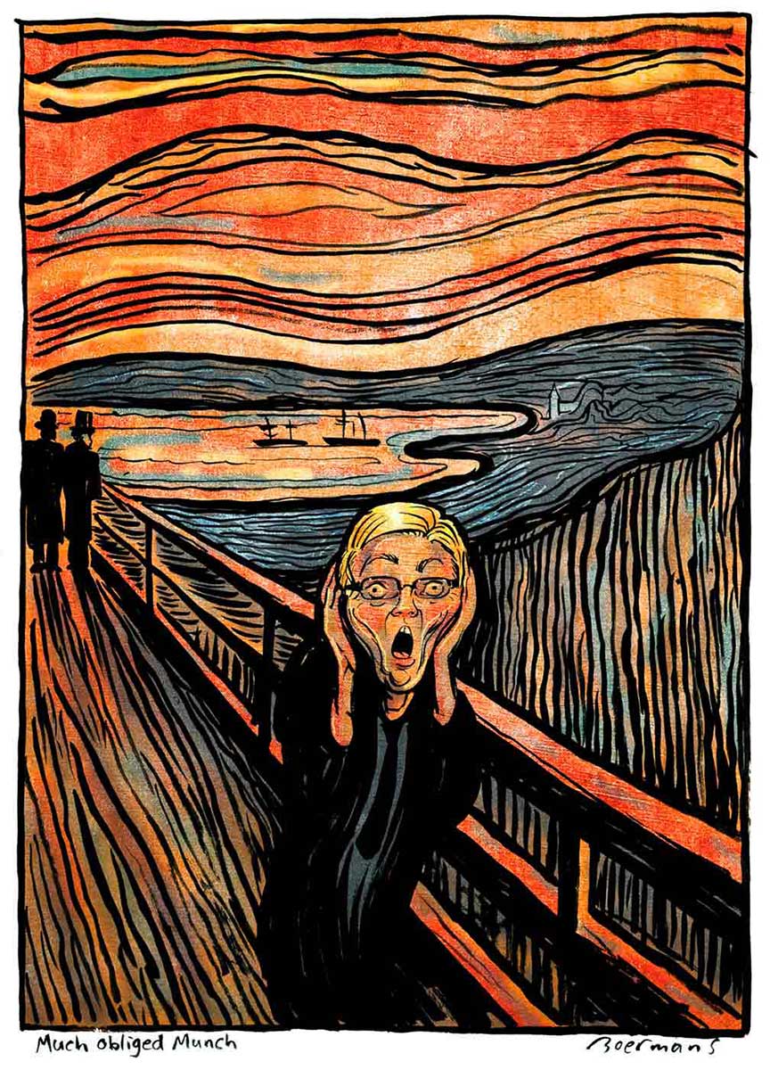 Political cartoon based upon the painting The Scream, by Edvard Munch. Kevin Rudd is seen standing on a long pier. He faces the viewer; he has both hands at the side of his head and his mouth open as though he were screaming. In the background on the pier stand two people in silhouette. Beyond them is a harbour with two sailing ships on it. The sky is orange and broken into layers by thick, dark wavy lines. Other dark lines appear in the landscape around the harbour. The use of the dark lines reinforces the uneasy feelings suggested by the cartoon. - click to view larger image