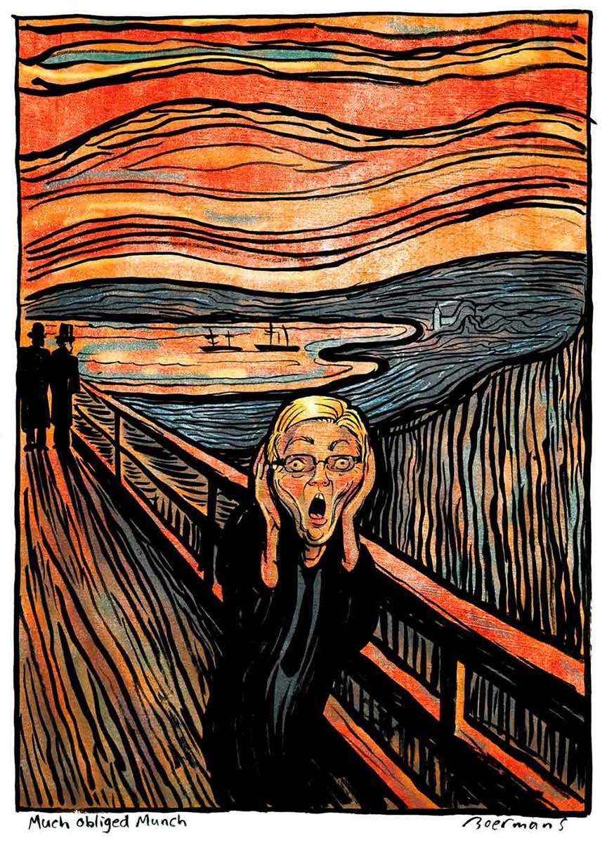 A colour cartoon based upon the painting The Scream, by Edvard Munch. Kevin Rudd is seen standing on a long pier. He faces the viewer; he has both hands at the side of his head and his mouth open as though he were screaming. In the background on the pier stand two people in silhouette. Beyond them is a harbour with two sailing ships on it. The sky is orange and broken into layers by thick, dark wavy lines. Other dark lines appear in the landscape around the harbour. The use of the dark lines reinforces the uneasy feelings suggested by the cartoon. - click to view larger image