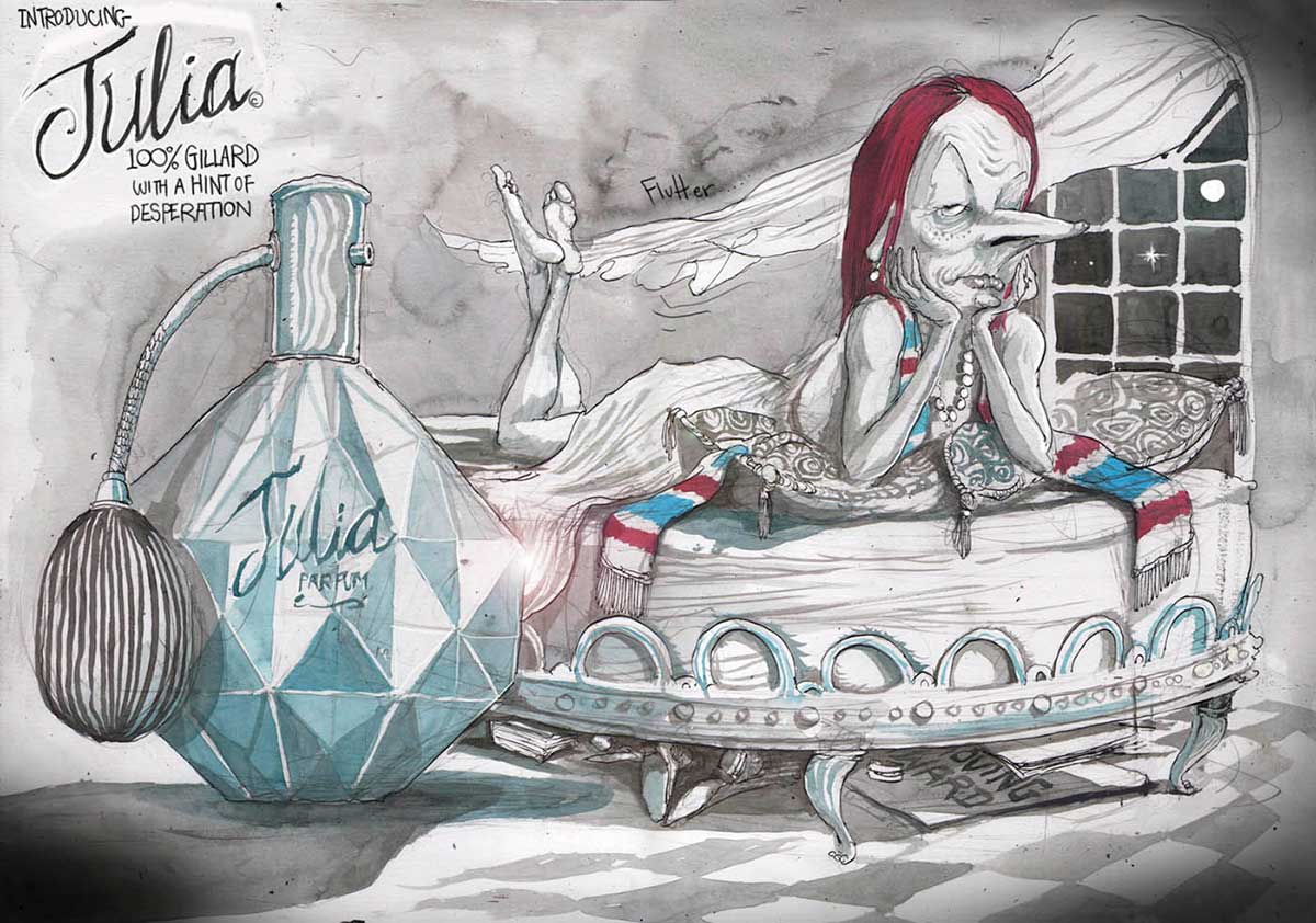 Political cartoon depicting Julia Gillard lying on her stomach on a bed. In the backgound is a window with the moon and night sky visible. A long curtain is blown toward the bed. Julia wears a flowing dress and a red, blue and white scarf. She rests her chin in her hands and looks at the viewer. At the left of the cartoon is a bottle of perfume, with 'Julia parfum' on it. Above the bottle is written 'Introducing Julia. 100% Gillard with a hint of desperation'. - click to view larger image
