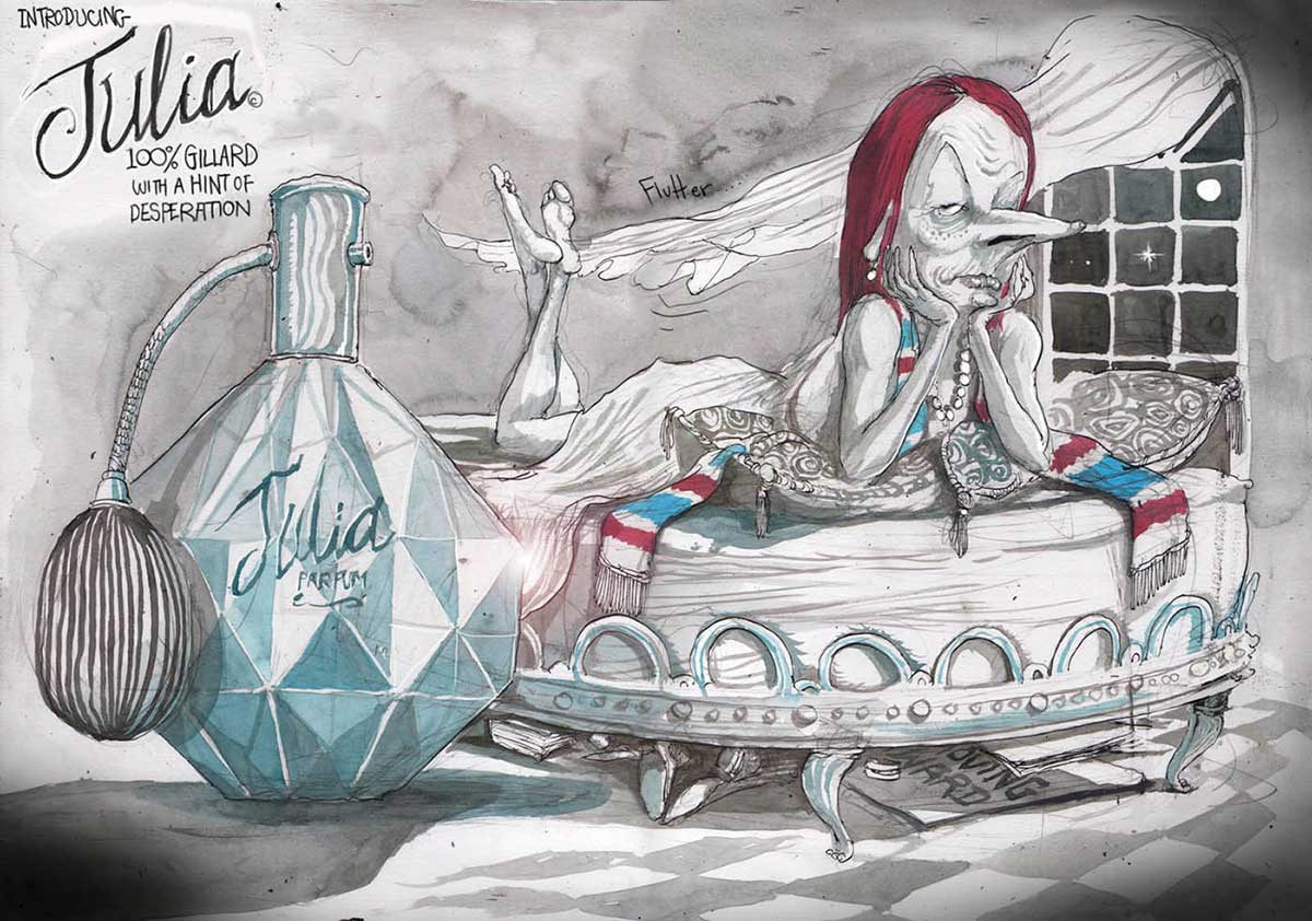 A colour cartoon depicting Julia Gillard lying on her stomach on a bed. In the backgound is a window with the moon and night sky visible. A long curtain is blown toward the bed. Julia wears a flowing dress and a red, blue and white scarf. She rests her chin in her hands and looks at the viewer. At the left of the cartoon is a bottle of perfume, with 'Julia parfum' on it. Above the bottle is written 'Introducing Julia. 100% Gillard with a hint of desperation'. - click to view larger image