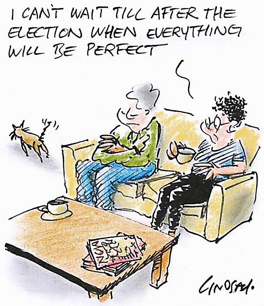 A colour cartoon depicting two women sitting on a couch. One holds a cup, while the other sits with her arms folded. In front of them is a coffee table with magazines and a cup and saucer on it. A cat is near the couch, to the left in the cartoon. The woman holding the cup says 'I can't wait till after the election when everything will be perfect'. - click to view larger image