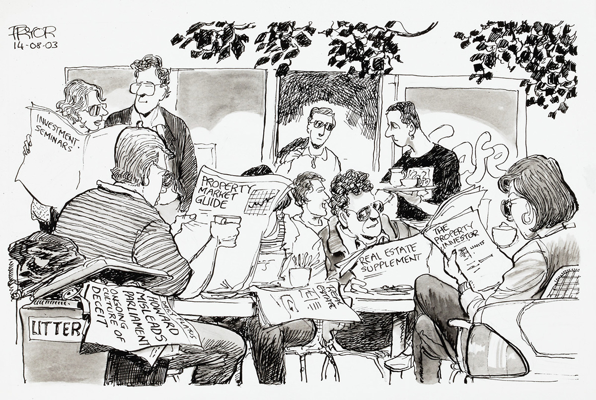 A cartoon of a crowd of people in a cafe. They are all reading property and real estate papers. In a nearby bin, lies a newspaper with the headline 'Howard misleads parliament. Ongoing culture of deceit'. - click to view larger image