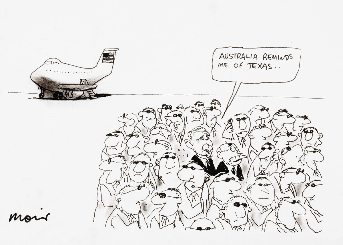 A comic featuring George Bush and John Howard surrounded by a crowd of bodyguards. Bush says 'Australia reminds me of Texas...'. An plane is parked in the background. - click to view larger image