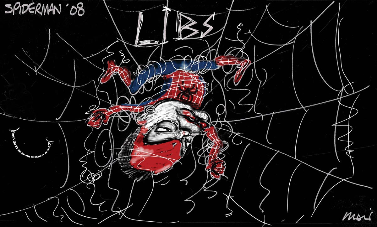 Caricature of Brendan Nelson dressed in a red and blue Spiderman costume, upside down and tangled in a web which reads 'LIBS'. - click to view larger image