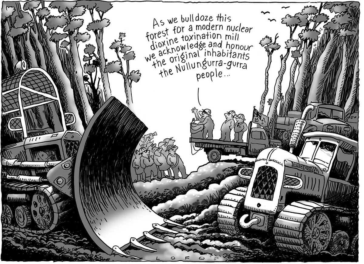 A clearing in a dense forest. In the centre is a truck with three timber workers on it. On the ground a small crowd of other timber workers and a camera man face them. Parked at the left and right are large bulldozers and trucks. The ground is rutted and bare. One man on the truck is saying 'As we bulldoze this forest for a modern nuclear dioxine toxination mill we acknowledge and honour the original inhabitants the Nullungurra-gurra people...' - click to view larger image