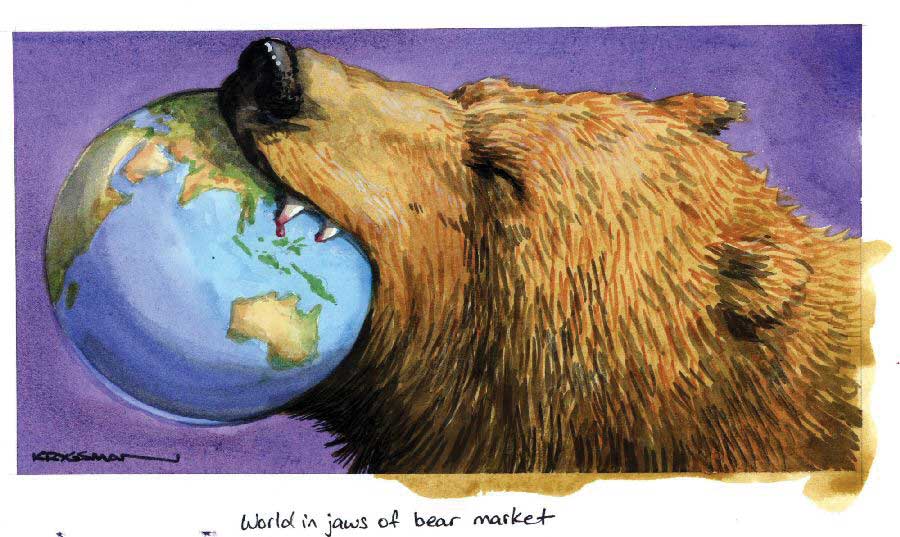 The left side neck and head of a brown bear. It has the Earth in its mouth. Two of the bear's left upper teeth can be seen puncturing the Earth's surface, drawing drops of blood. The bear has its left eye tightly shut and its ears are flattened toward its body. The bear's fur has been rendered in light and dark watercolour brushstrokes. The background is pale purple. At the bottom of the image in the white border is written 'World in jaws of bear market'. - click to view larger image