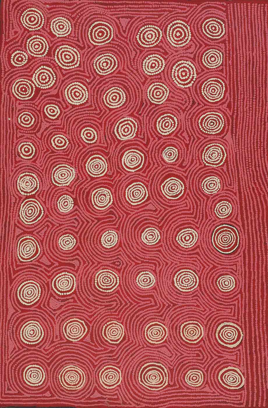 An acrylic painting on brown linen of concentric cream dotted circles, mostly in rows, surrounded by pink dotted lines following their outlines, on a red background, with a black border. - click to view larger image
