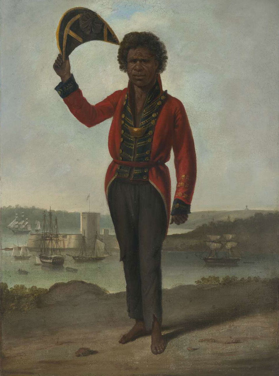 Painting of a man wearing 19th century clothing and a breastplate around his neck. In the background is a view of a harbour with various sailing vessels. - click to view larger image